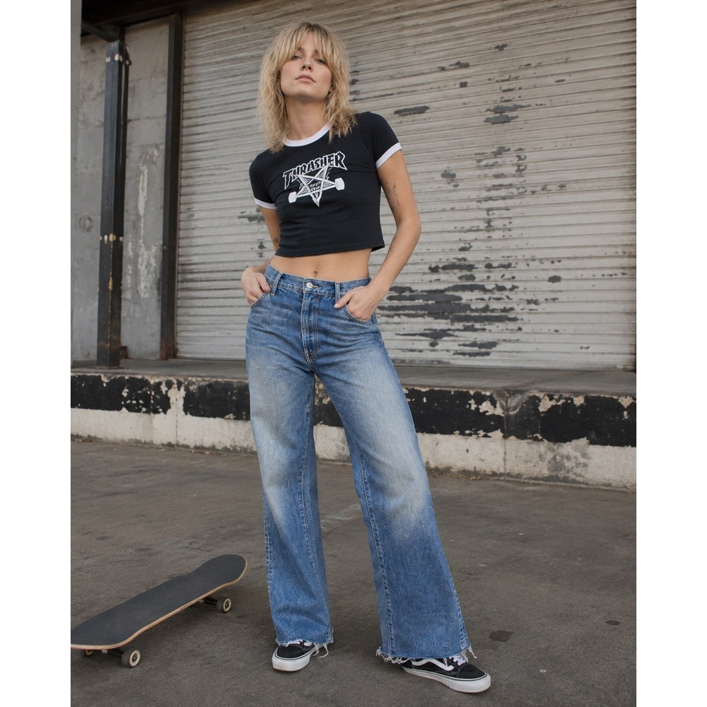 Mother The Hustler Ankle Fray Jeans We All Scream Blue Flare Raw Hem Size 26